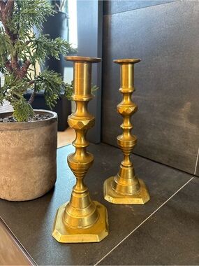 Vintage 19th Century Brass Beehive And Diamond Stem Candlestick Holders, 10 1/2”